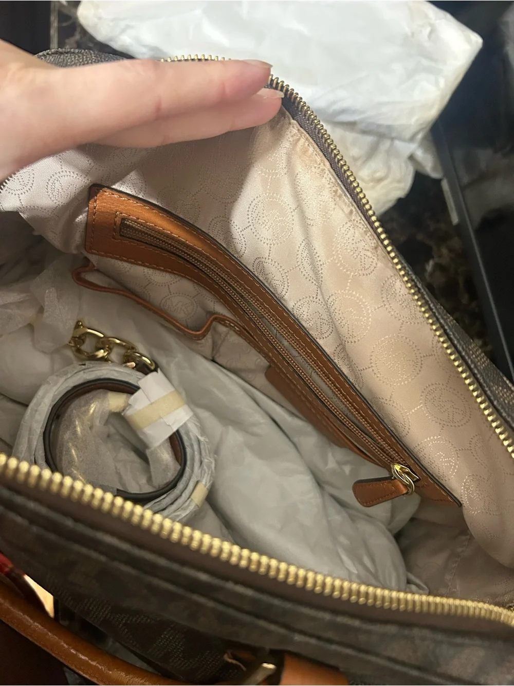 Michael Kors Brown MK Logo Satchel with Tan Handles and Gold Accent